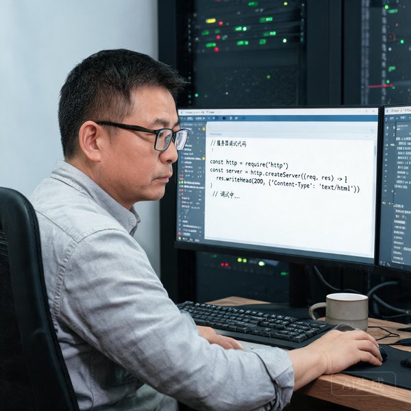 技术总监老张，戴眼镜，正在调试服务器代码